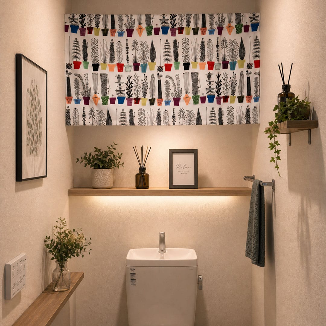 トイレの収納棚の目隠しにイタリエンスクのカフェカーテン