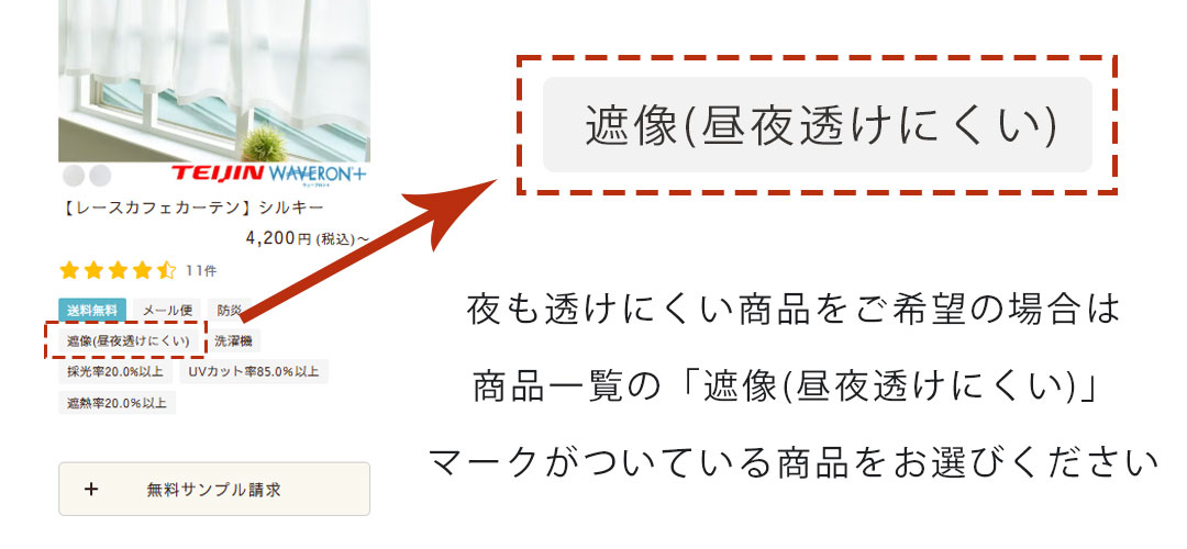 夜も透けにくい商品をご希望の場合は商品一覧の「遮像(昼夜透けにくい)」マークがついている商品をお選びください
