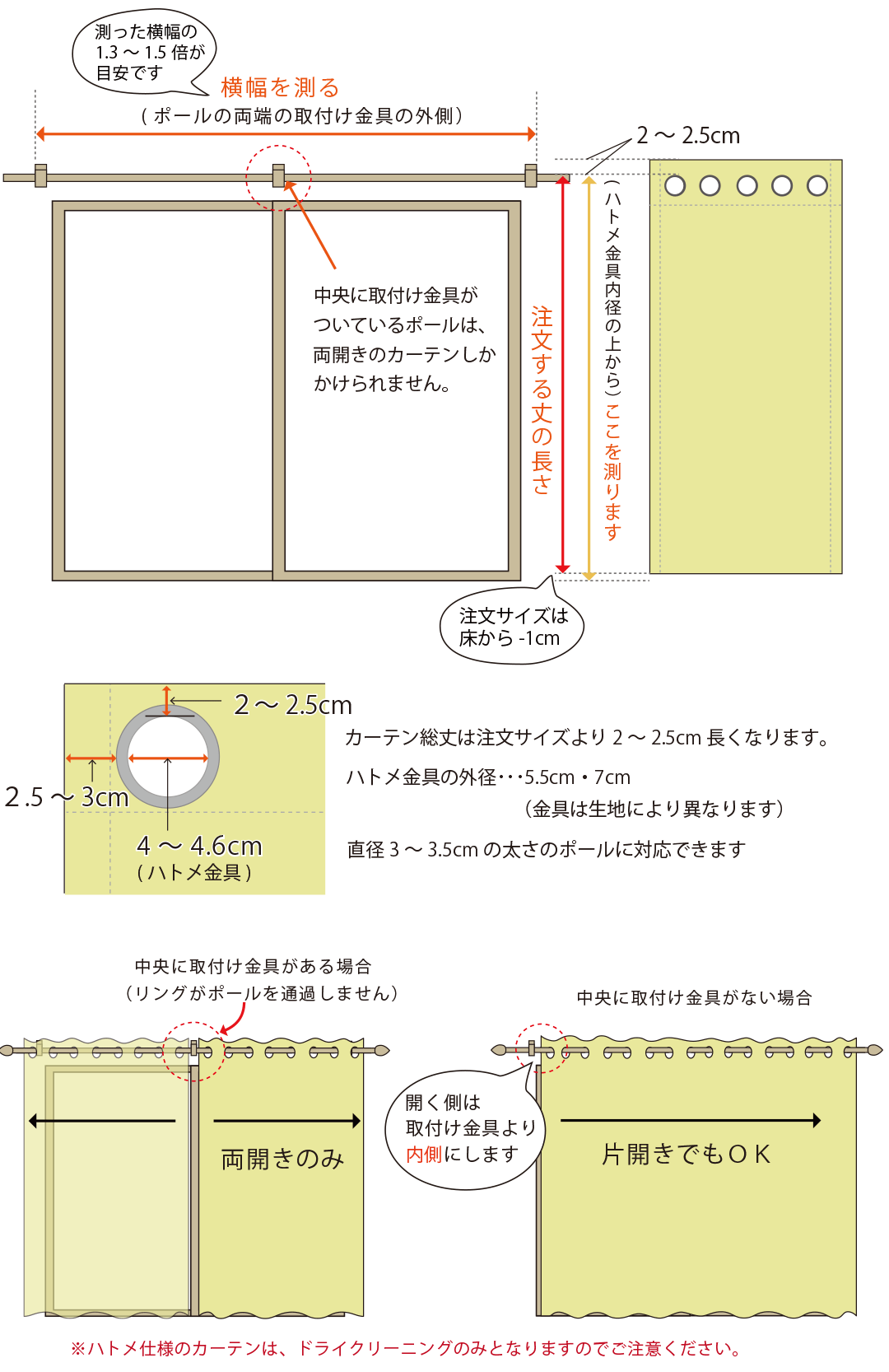 ハトメカーテンのサイズの測り方