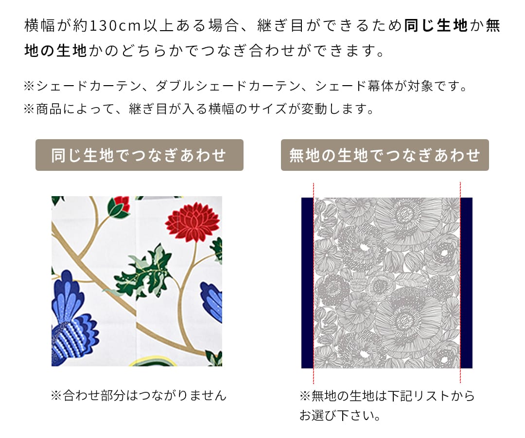 シェード幕体の生地のつなぎ合わせ