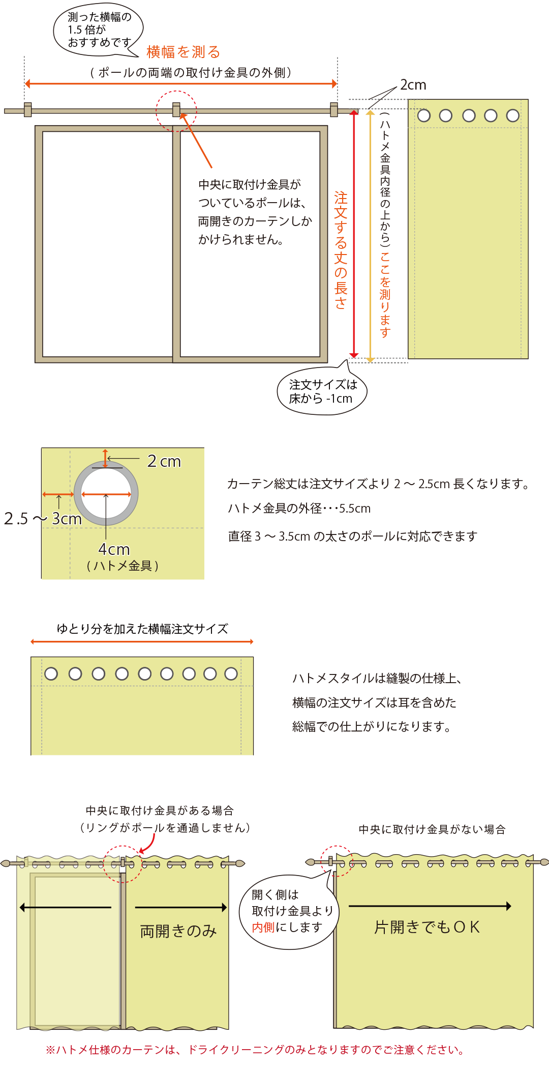 ハトメカーテンのサイズの測り方
