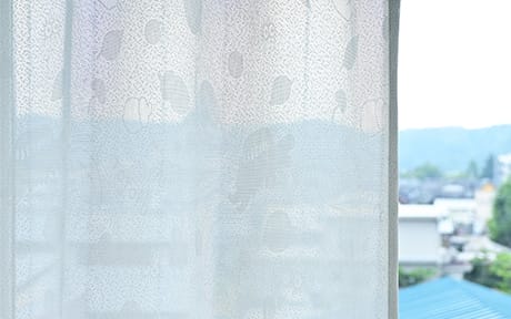 ねこバスにのってレースカーテンの日中の中からの見え方透け感があります