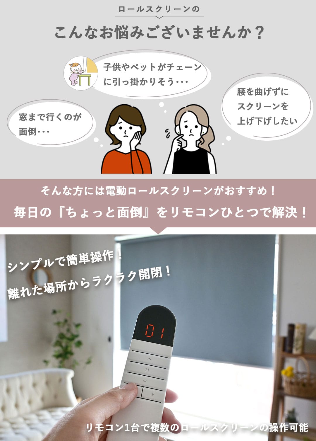 ロールスクリーンのこんなお悩みございませんか？,窓まで行くのが面倒,子供やペットがチェーンに引っ掛かりそう,腰を曲げずにスクリーンを上げ下げしたい,電動ロールスクリーンで毎日の「ちょっと面倒」をリモコンひとつで解決,シンプルで簡単操作,離れた場所からラクラク開閉,リモコン1台で複数のロールスクリーンの操作可能