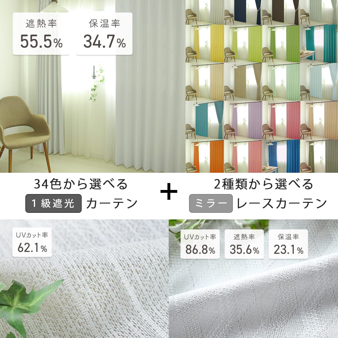 1級遮光、レースセット1枚のサイズ125×195 ニッセン（nissen） カーテン レース セット 1級遮光 遮熱 防音 ＆遮像