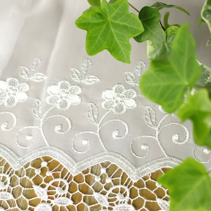 【美品】フランスアンティーク 花模様の手刺繍 フリルカフェカーテン[3376] C-899 フランスアンティークリネンカーテン/カフェカーテン カット