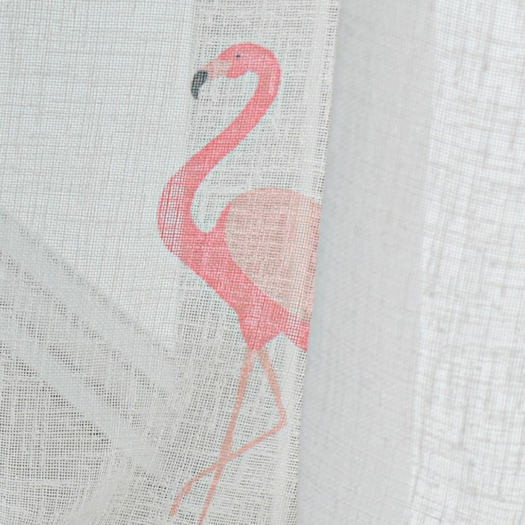 カラフルな鳥柄が描かれた天然素材風のUVカットレースカーテン
