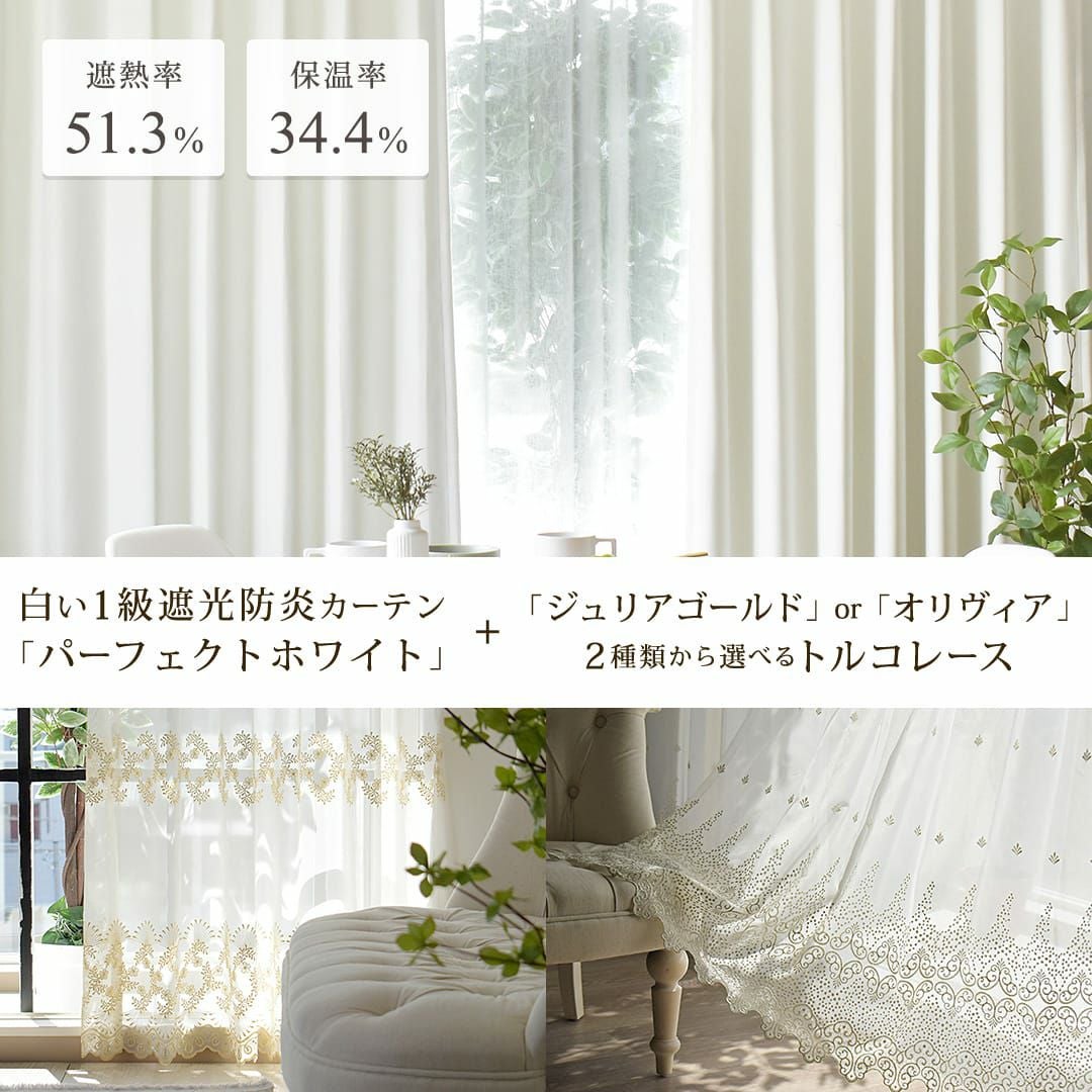 【びっくりカーテン】超1級遮光/トルコレース ブルー カーテンセット 184cm 1級遮光防炎パーフェクトホワイト+トルコ刺繍レースカーテンセット
