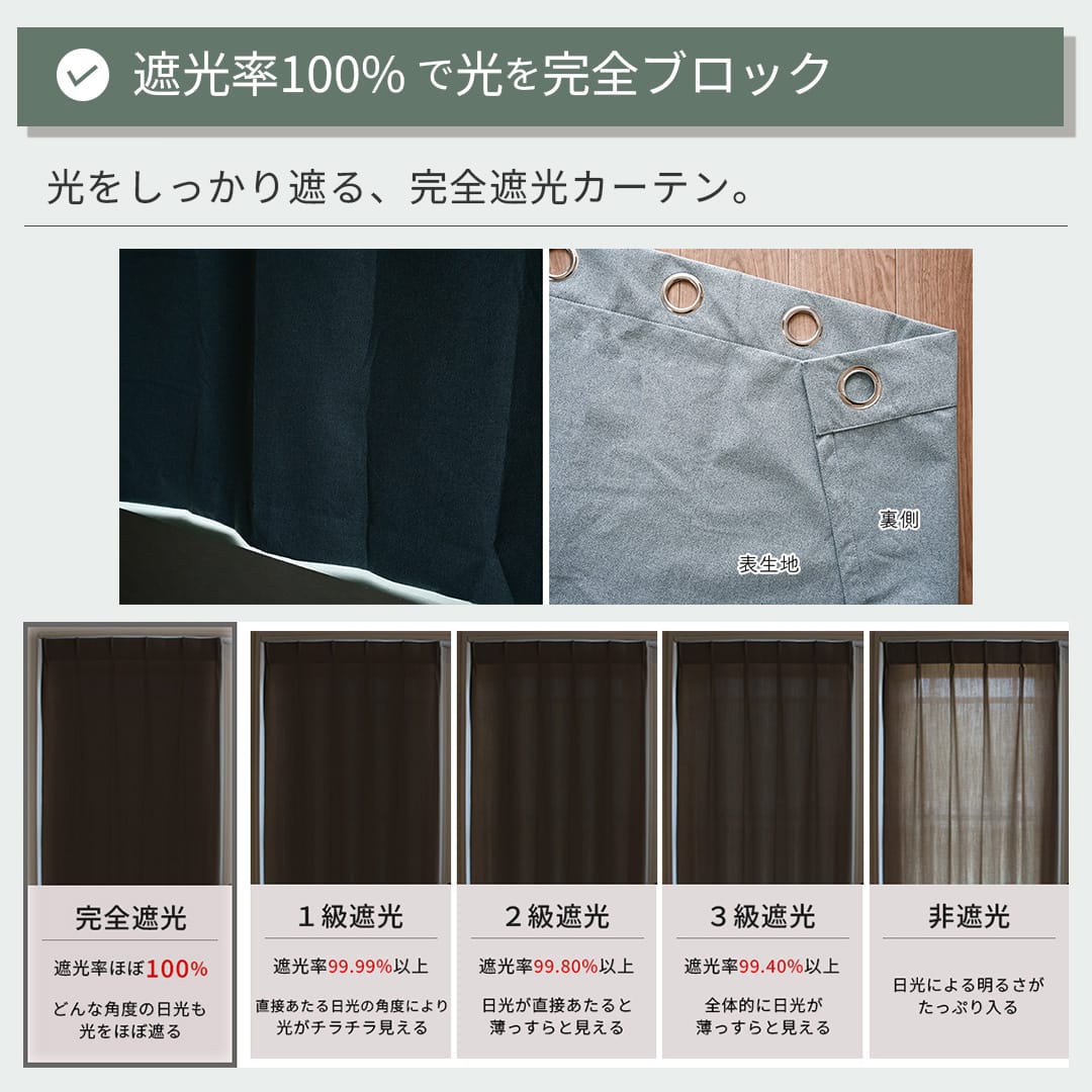 完全遮光・遮熱・保温機能付きで2色から選べる既製ハトメカーテン